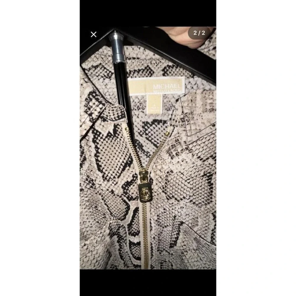 MICHAEL‎ KORS Snake Print Zip Front Collared Shirt Top Blouse SZ L